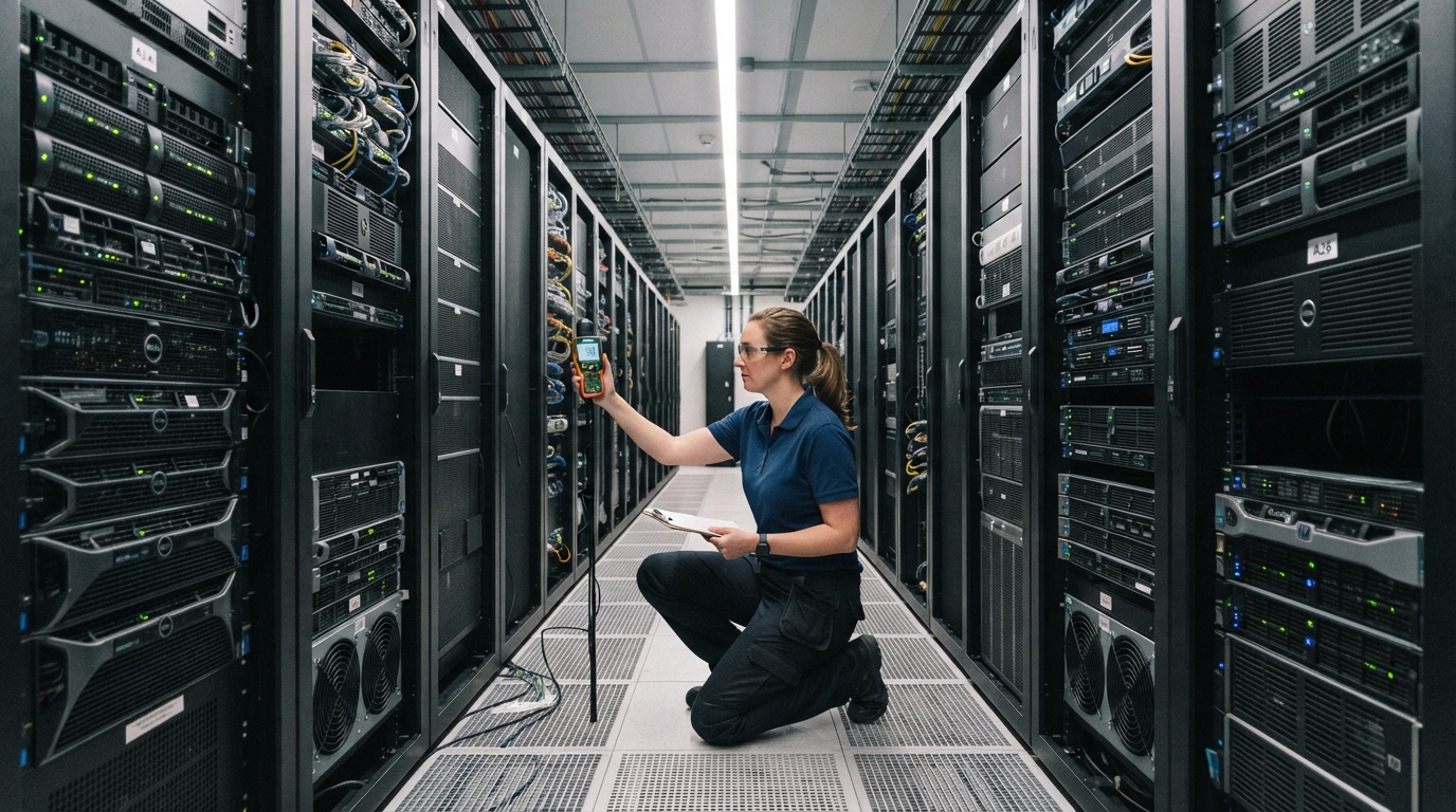 A technician measures light levels with a handheld meter midway along a brightly lit data center aisle lined with server